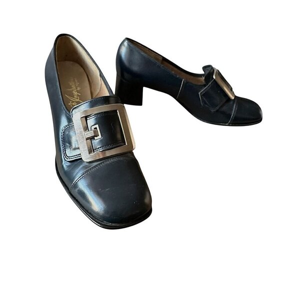 Vintage Navy Leather Slip On Heel with Large Buckles. Size 8.5. Inspirations by - Picture 2 of 13